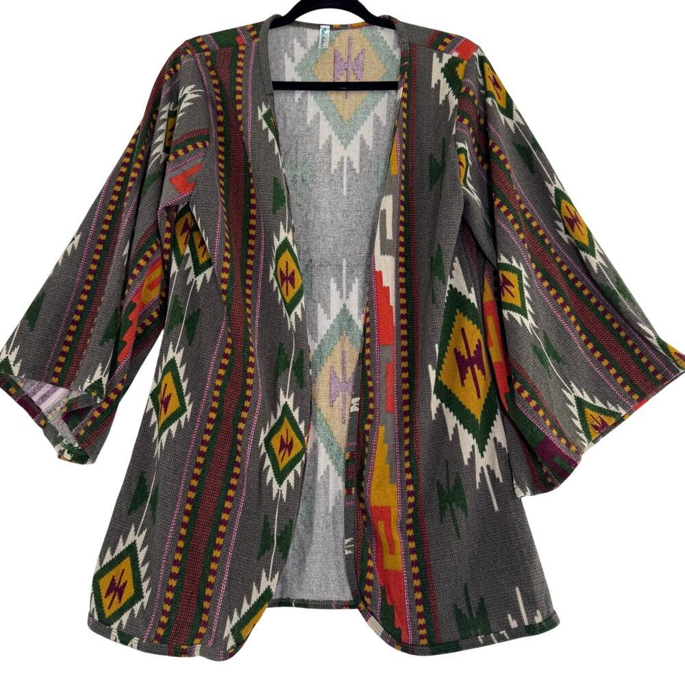 Aztec Kimono Cardigan gray Colorful  Western Boho Rodeo size M